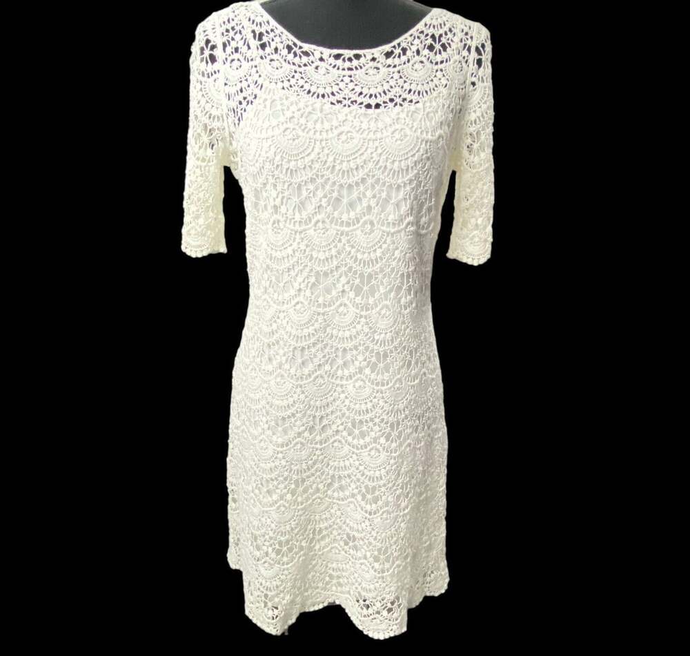 RALPH LAUREN Women Lace Crochet Overlay Dress Sz M White Bridal Classic 80-26